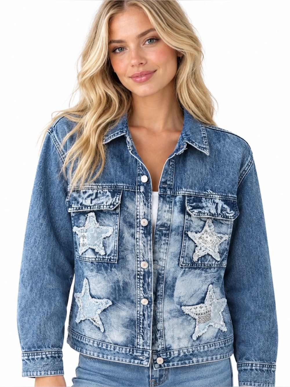 Denim Star Patch Jacket in acid Wash Blue